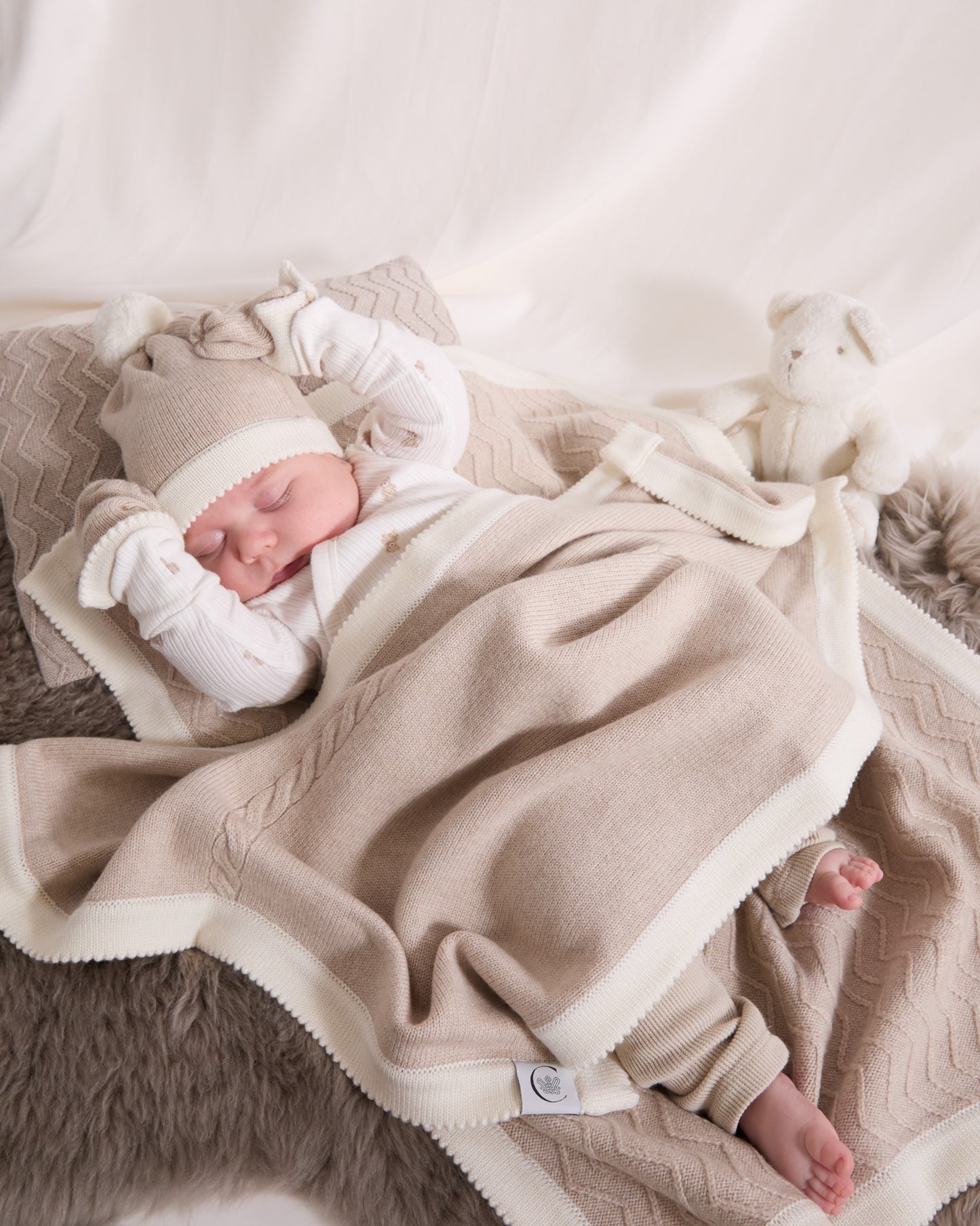 100% Merino Cable Plain Baby Blanket- Cappucino