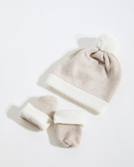 100% Merino Baby Hat & Mittens Set - Cappucino