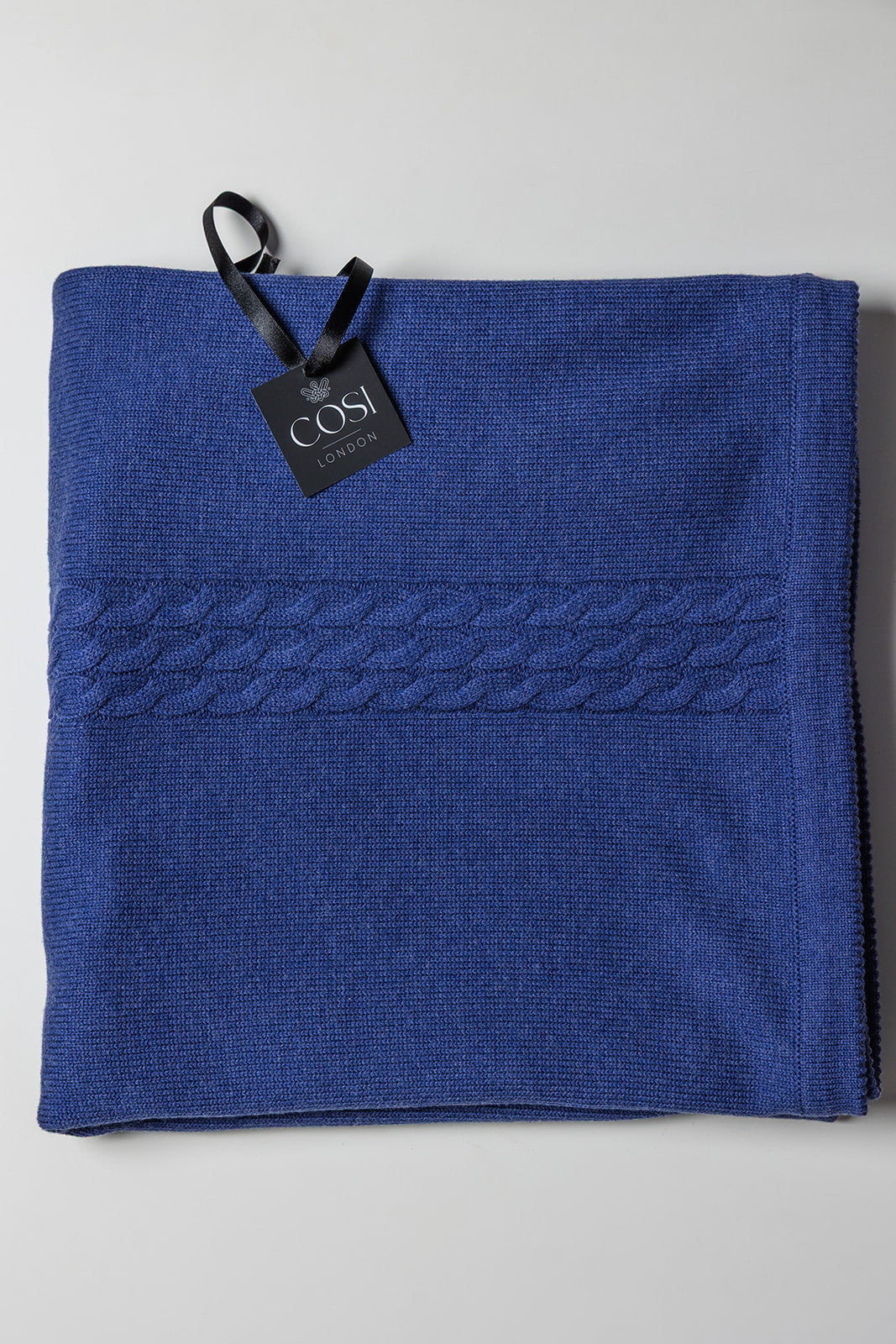 Merino Blend Knitted Cable Plain Throw - Deep Cobalt Blue