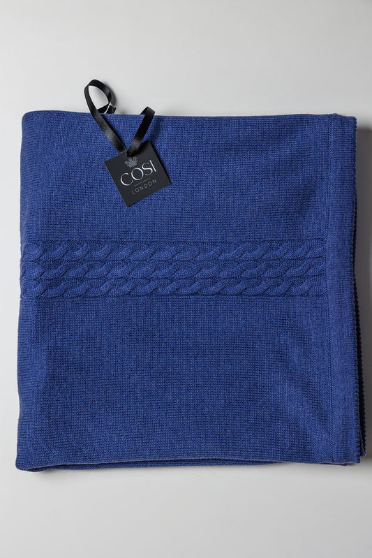 Merino Blend Knitted Cable Plain Throw - Deep Cobalt Blue