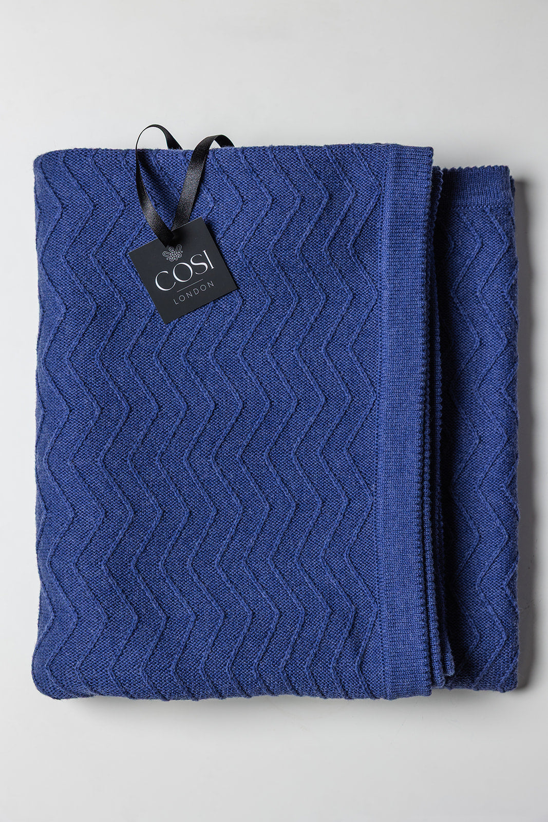 Merino blend Knitted ZigZag Ribbed Throw - Deep Cobalt Blue