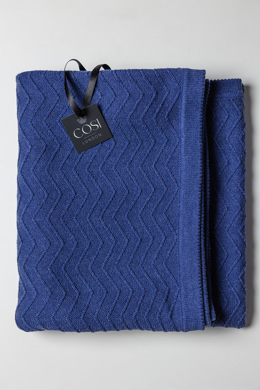Merino blend Knitted ZigZag Ribbed Throw - Deep Cobalt Blue