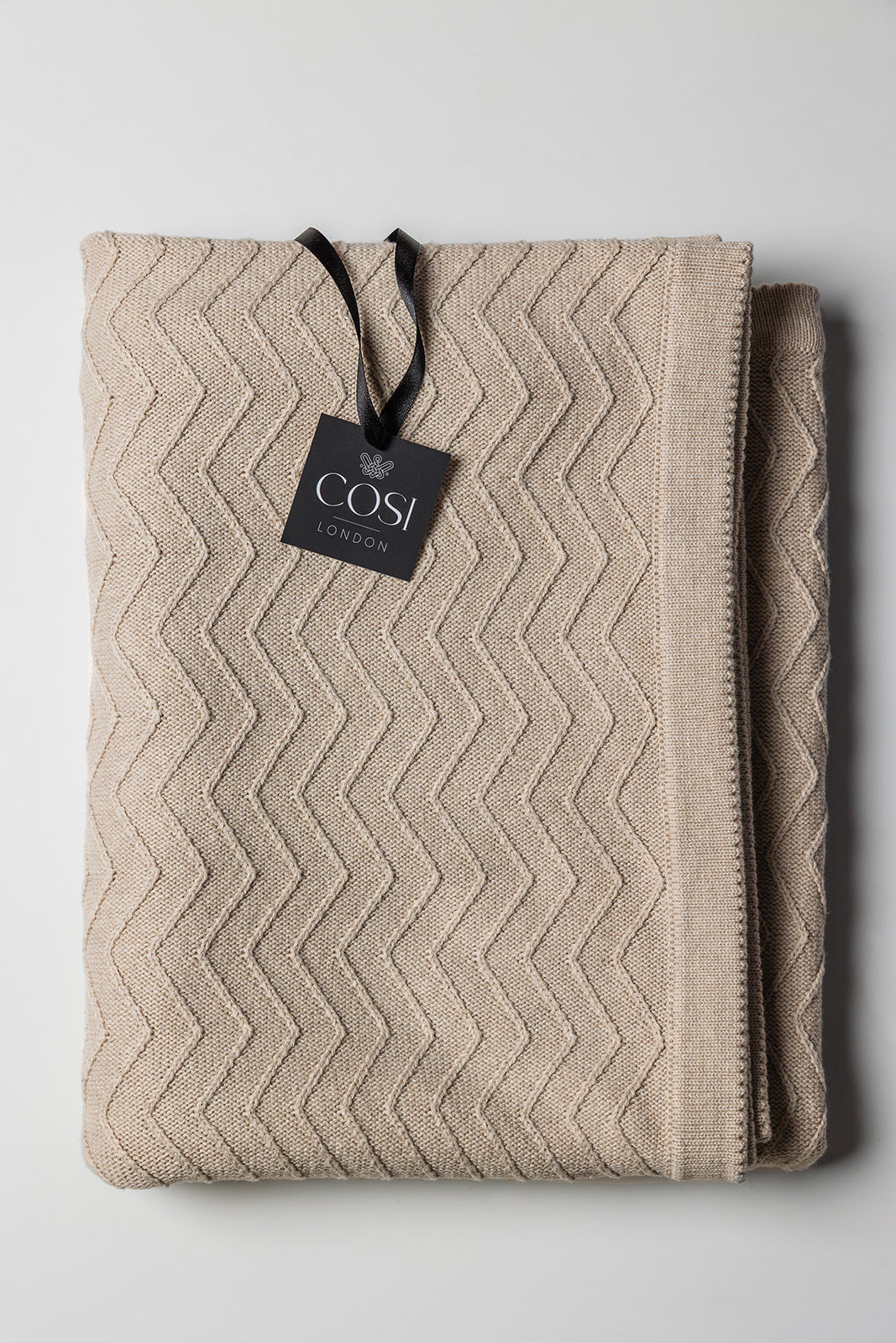 Merino Blend Knitted ZigZag Ribbed Throw - Stone Moonbeam