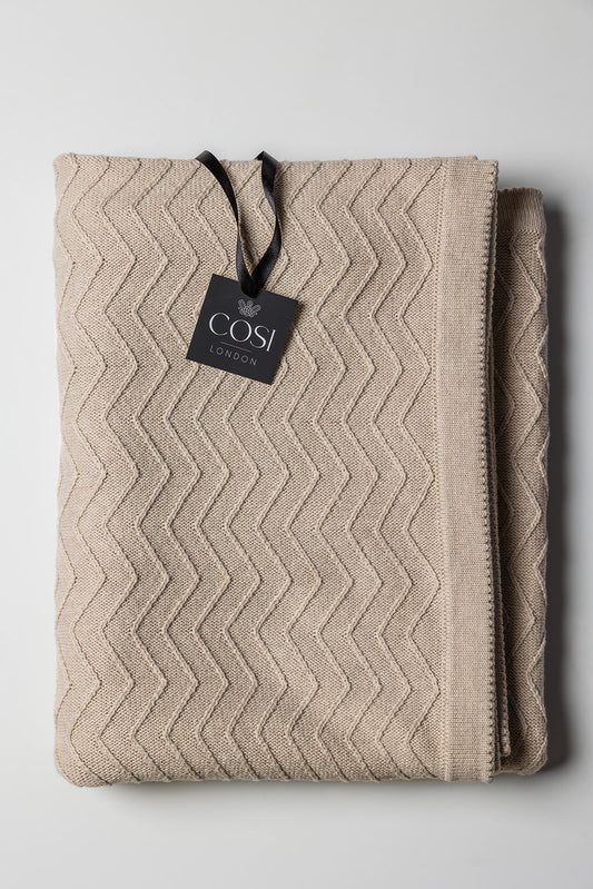Merino Blend Knitted ZigZag Ribbed Throw - Stone Moonbeam